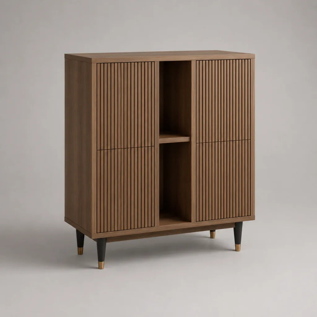 Buffet haut 4 portes en MDF plaqué bois avec 2 niches, brun noyer, noir et doré, 100 × 40 × 120 cm