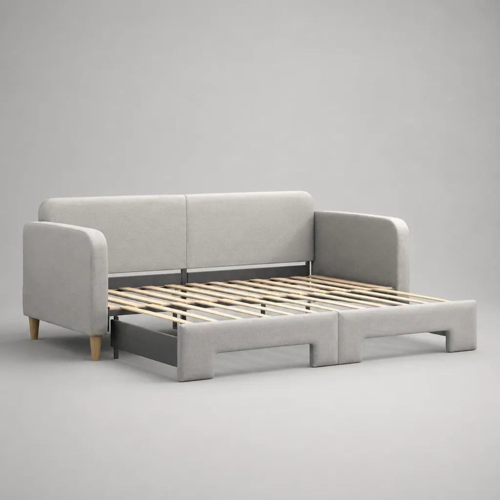 Canapé-lit gigogne 2 places en tissu gris clair, 204 x 96 x 84 cm, couchage 160 x 190 cm
