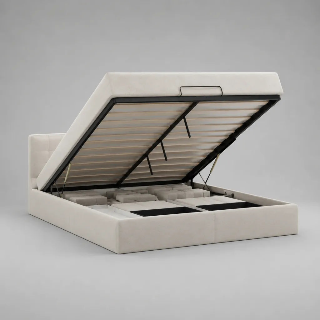 Lit coffre double 160 × 200 cm en tissu blanc cassé, sommier à lattes relevable et cadre en acier noir