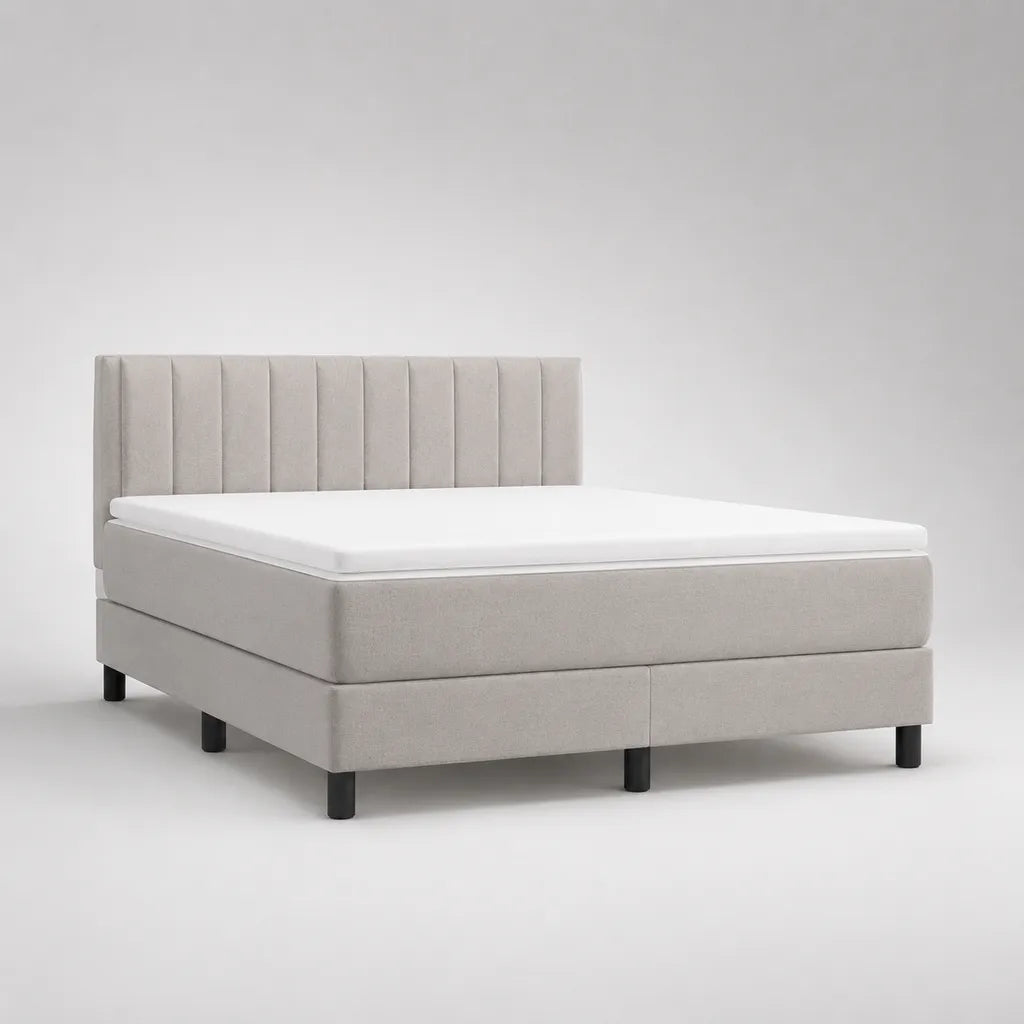 Lit 2 places en tissu avec sommiers tapissiers, tête de lit, matelas et surmatelas, beige, couchage 160 × 200 cm