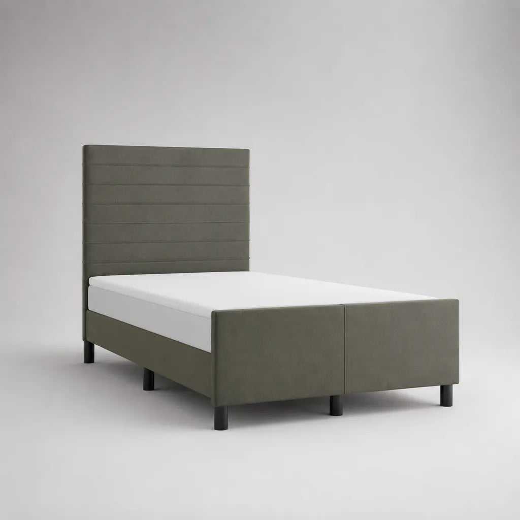Lit double rembourré en velours polyester vert olive et métal noir, couchage 160 × 200 cm, dimensions 212 × 169 × 120 cm