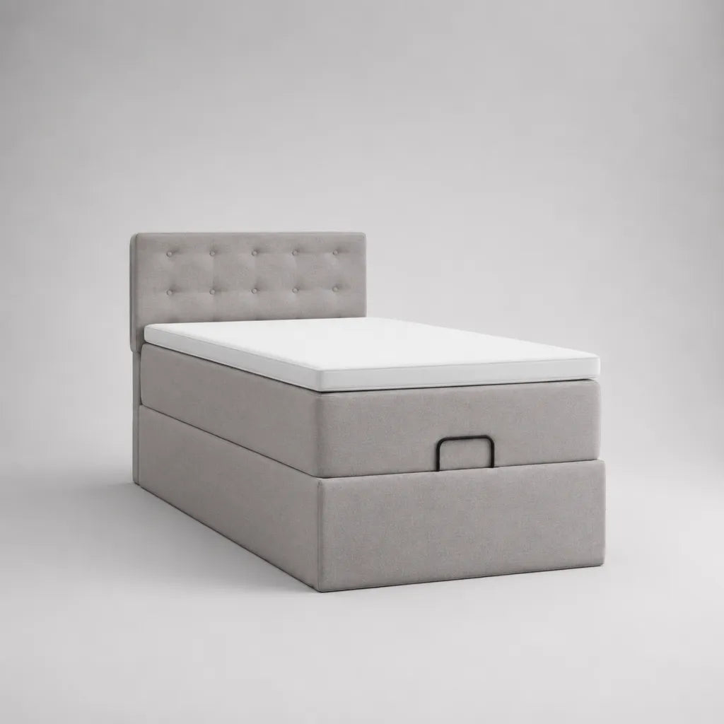 Lit coffre 1 place avec matelas en mousse et tête de lit capitonnée, gris clair et blanc, 90 × 190 cm