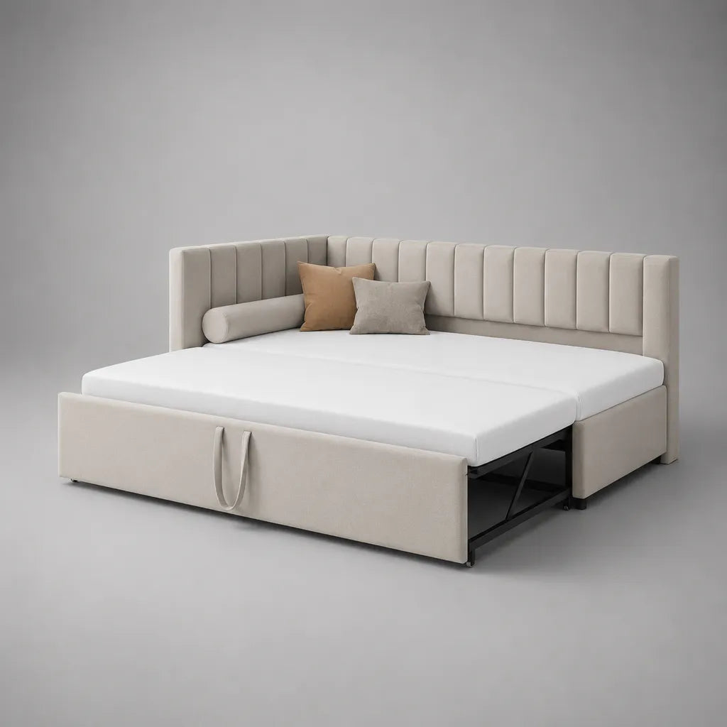 Canapé-lit gigogne 2 places en velours beige, couchage 160 x 200 cm, dimensions 220 x 98 x 86 cm