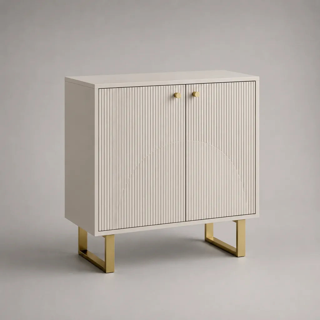 Buffet à 2 portes en MDF cannelé et acier, blanc cassé et doré, 80 × 40 × 100 cm