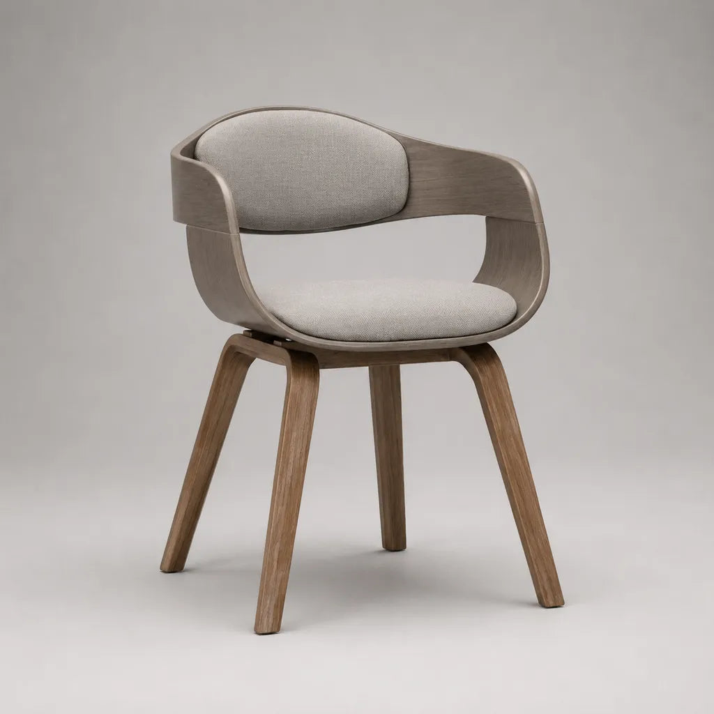 Chaise de salle à manger avec accoudoirs en contreplaqué plaqué frêne, brun taupe et tissu beige clair, 58 × 57 × 78 cm