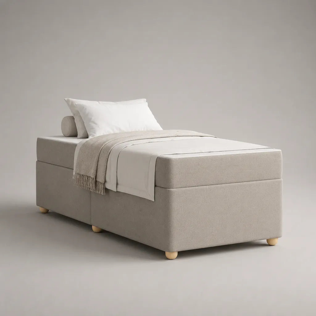 Lit coffre 1 place avec sommier relevable en polyester bouclé beige, couchage 90 × 190 cm