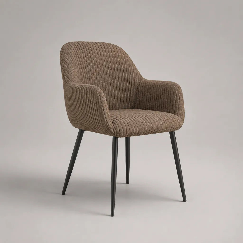 Chaise de salle à manger avec accoudoirs en velours côtelé polyester taupe et pieds en acier noir, 57 × 61 × 83 cm