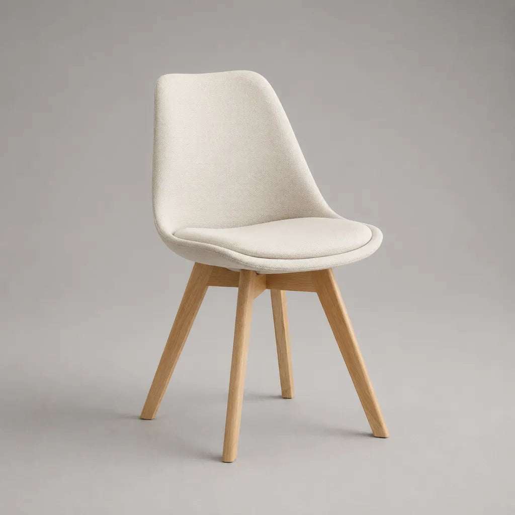 Chaise de salle à manger rembourrée en tissu avec pieds en bois, blanc cassé et bois naturel, 49 × 55 × 83 cm