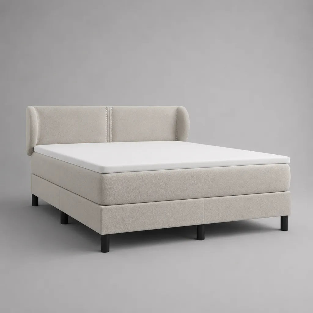 Lit double en tissu beige avec tête de lit, matelas et surmatelas, couchage 160 × 200 cm, dimensions 174 × 214 × 104 cm