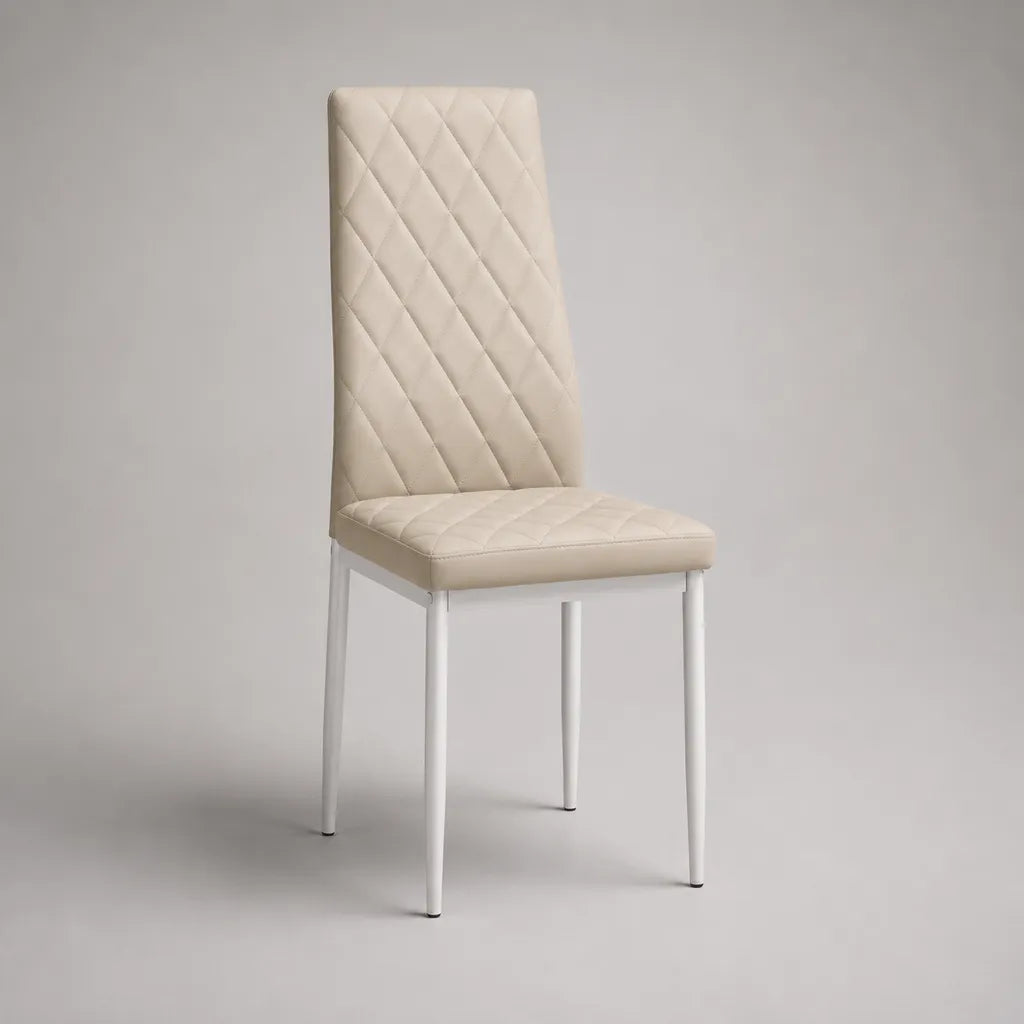 Chaise rembourrée en similicuir PU et acier, dossier haut, crème et blanc, 100 × 42 × 51 cm