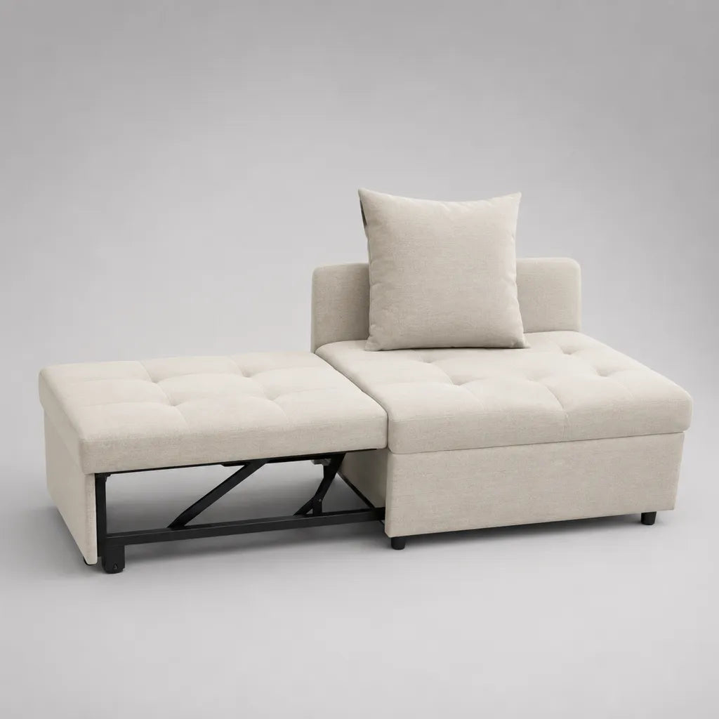 Canapé-lit convertible 1 place en polyester beige et métal noir, 92 x 88 x 82 cm, couchage 80 x 190 cm